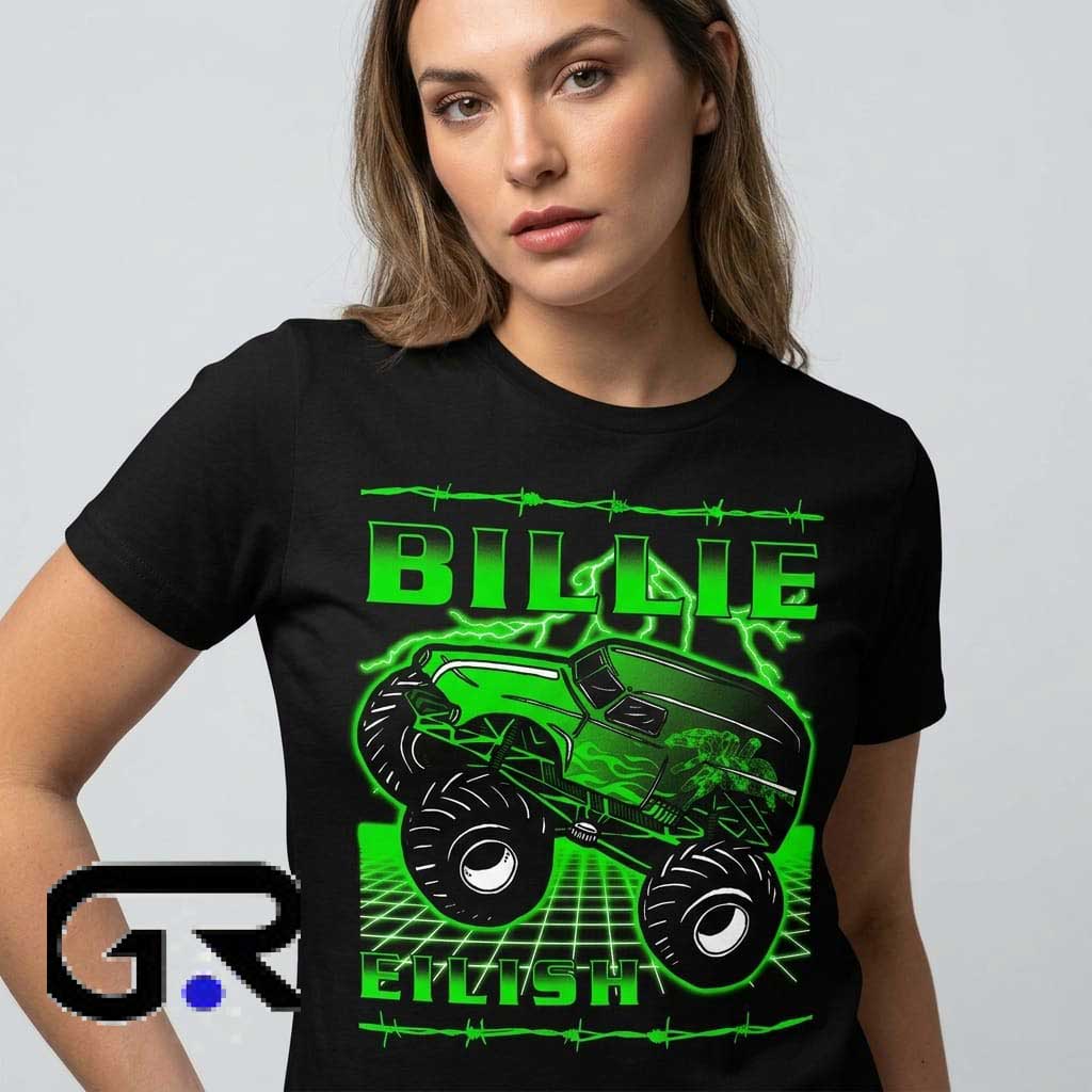 Green Neon Billie Eilish Monster Truck Tee Shirt 1 Green neon Billie Eilish monster truck tee shirt with bold music-inspired artwork, cotton graphic design, and edgy pop culture streetwear style.