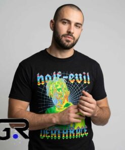 Half-Evil Deathrace thermal grid graphic T-shirt featuring bold alternative artwork, dark streetwear style, cotton short sleeve design, and modern graphic fashion.