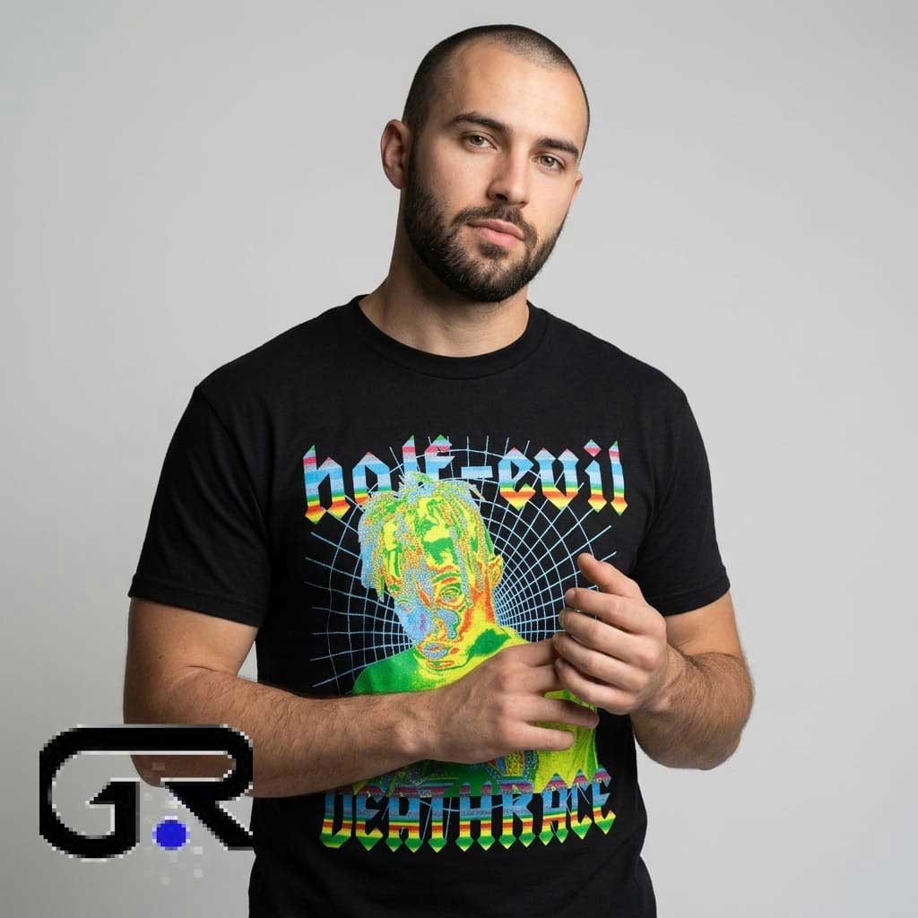 Half-Evil Deathrace Thermal Grid T-Shirt 1 Half-Evil Deathrace thermal grid graphic T-shirt featuring bold alternative artwork, dark streetwear style, cotton short sleeve design, and modern graphic fashion.