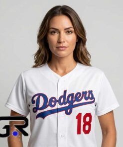 LA Dodgers #18 white baseball jersey style shirt with sporty graphic design, cotton short sleeves, and casual baseball streetwear apparel for fans.