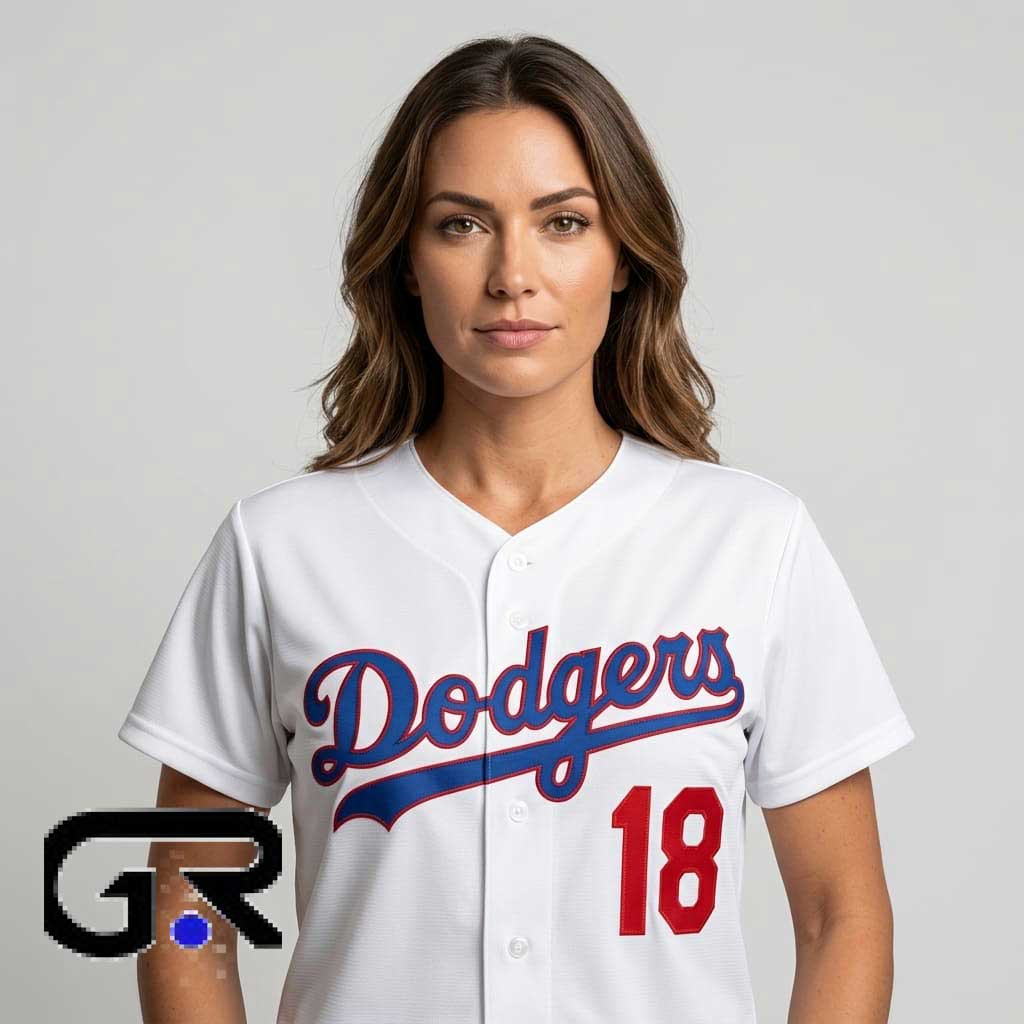 LA Dodger #18 White Baseball Jersey shirt 1 LA Dodgers #18 white baseball jersey style shirt with sporty graphic design, cotton short sleeves, and casual baseball streetwear apparel for fans.
