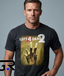 Left 4 Dead 2 Valve game merchandise shirt featuring zombie survival gaming artwork, cotton short sleeve tee, video game graphic design, and casual gamer streetwear.
