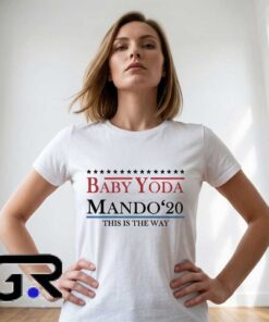 Baby Yoda Mando '20 This Is The Way logo shirt featuring cute sci-fi character graphics, cotton short sleeve design for fans, collectors, conventions, and casual pop culture wear.