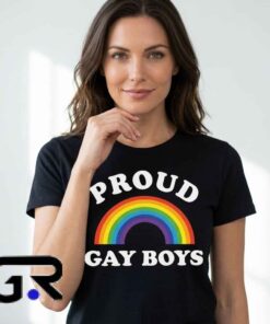 Proud Gay Boys rainbow pride graphic T-shirt featuring colorful LGBTQ+ artwork, cotton short sleeves, and an inclusive design for Pride events, festivals, and casual streetwear.