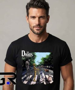 The Droids Imperial Road Abbey Road parody graphic shirt featuring sci fi inspired album crossing artwork, premium cotton short sleeve tee for pop culture fans and collectors.