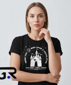When You Wish Upon a Death Star family trip 2020 shirt featuring playful space-inspired graphic art, cotton short sleeve design for vacations and casual family wear.