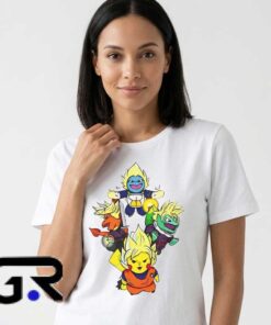 Anime Mashup Pokémon x Dragon Ball Z Super Saiyan Crossover shirt, cotton short sleeve tee with epic fan art design, gaming anime shirt for fans, sizes S to 2XL.