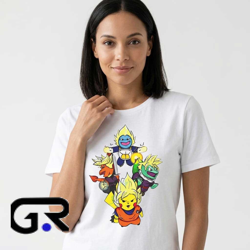 Anime Mashup Pokémon x Dragon Ball Z Super Saiyan Crossover Shirt 1 Anime Mashup Pokémon x Dragon Ball Z Super Saiyan Crossover shirt, cotton short sleeve tee with epic fan art design, gaming anime shirt for fans, sizes S to 2XL.