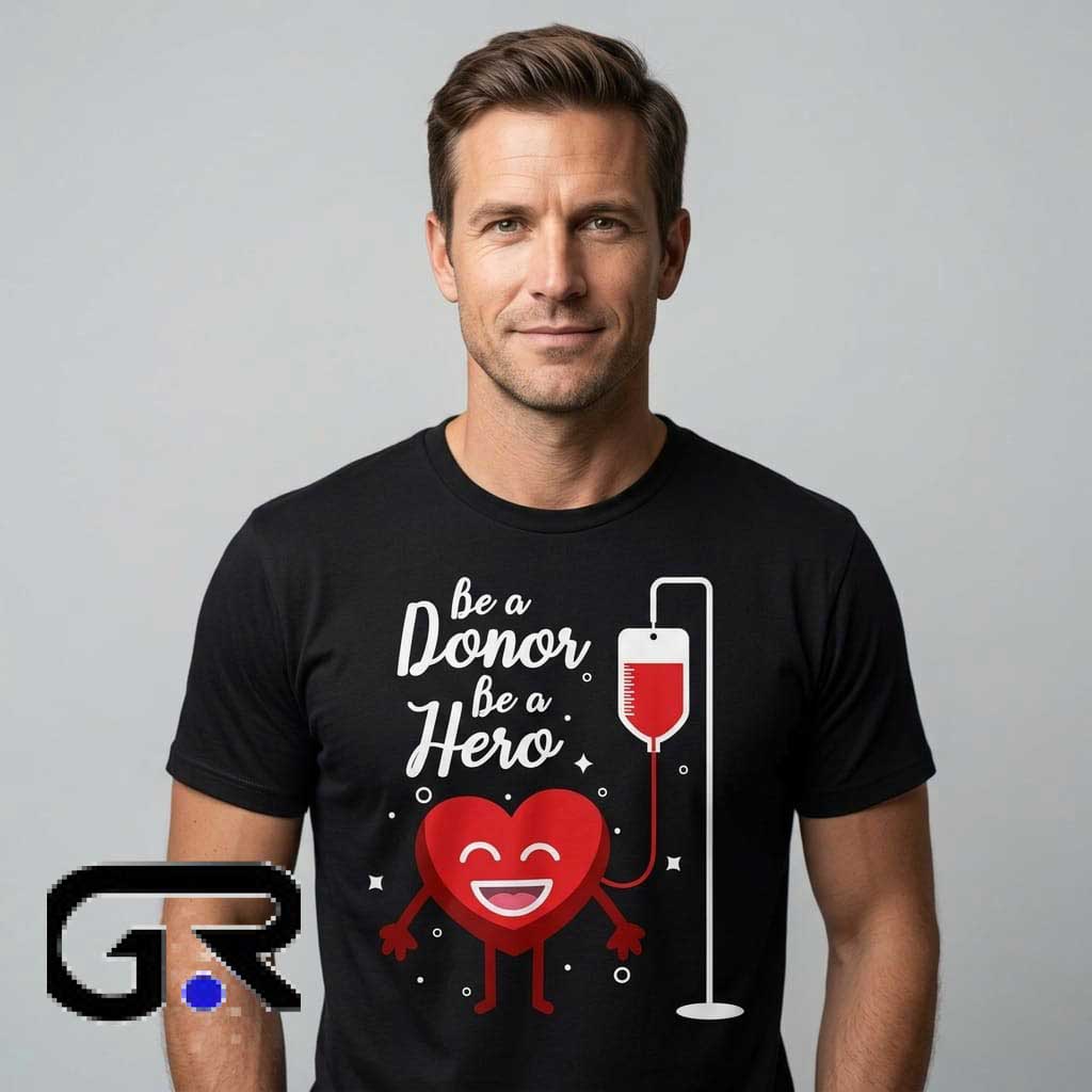 Be a Donor Be a Hero Blood Donation Shirt 1 Be a Donor Be a Hero Blood Donation shirt, cotton short sleeve tee with inspiring life-saving awareness design, charitable cause shirt for donors, sizes S to 2XL.