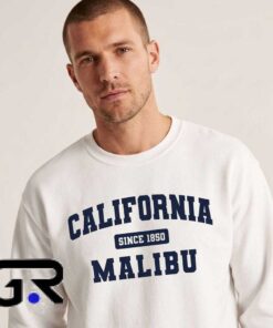 California Malibu Since 1850 Vintage Style Crewneck Sweatshirt, cotton sweatshirt with retro coastal town design, classic beach style shirt for fans, sizes S to 2XL.