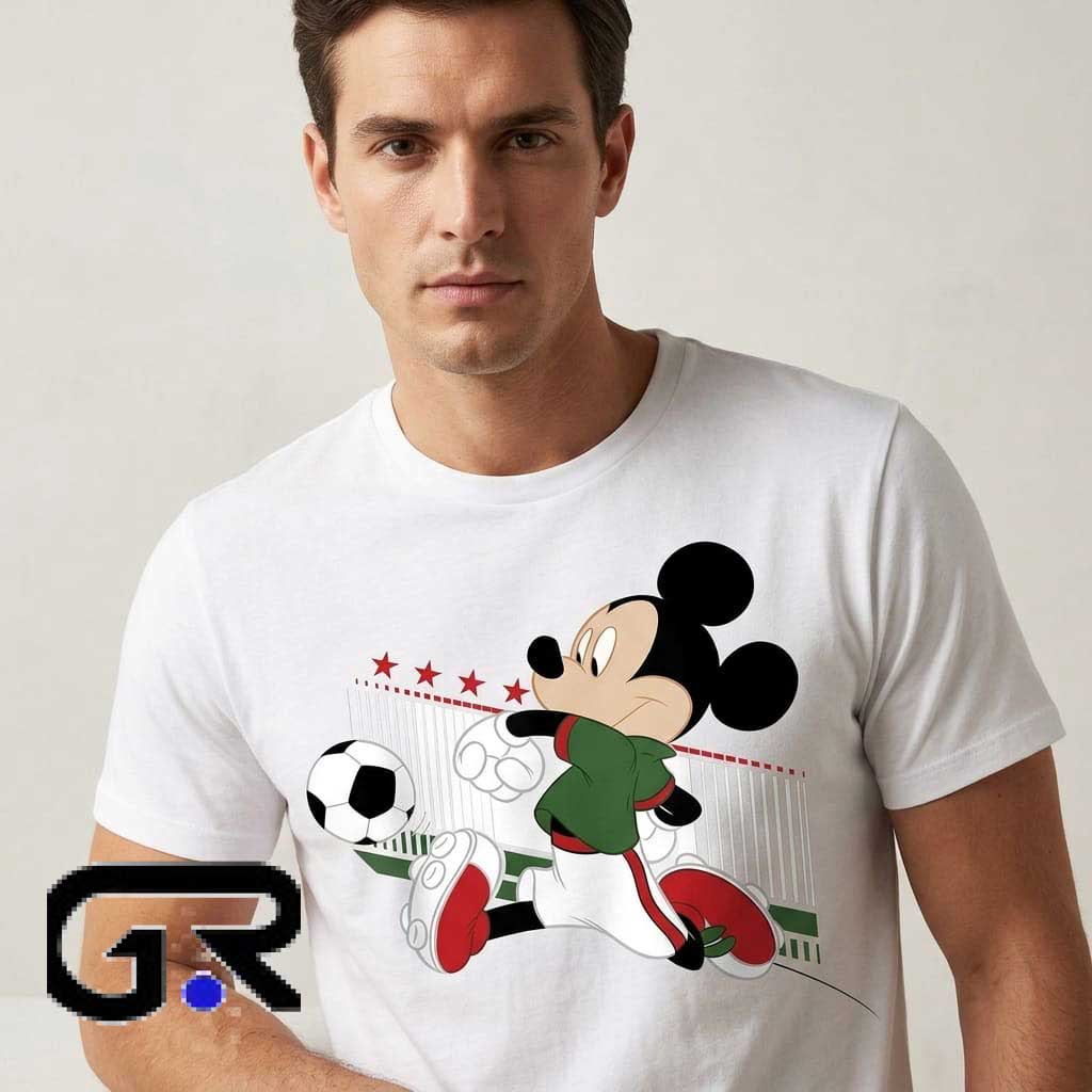 Disney Mickey Mouse Mexico Football Shirt 1 Disney Mickey Mouse Mexico Football graphic tee, cotton short sleeve shirt with fun cartoon soccer design, national team fan shirt for fans, sizes S to 2XL.