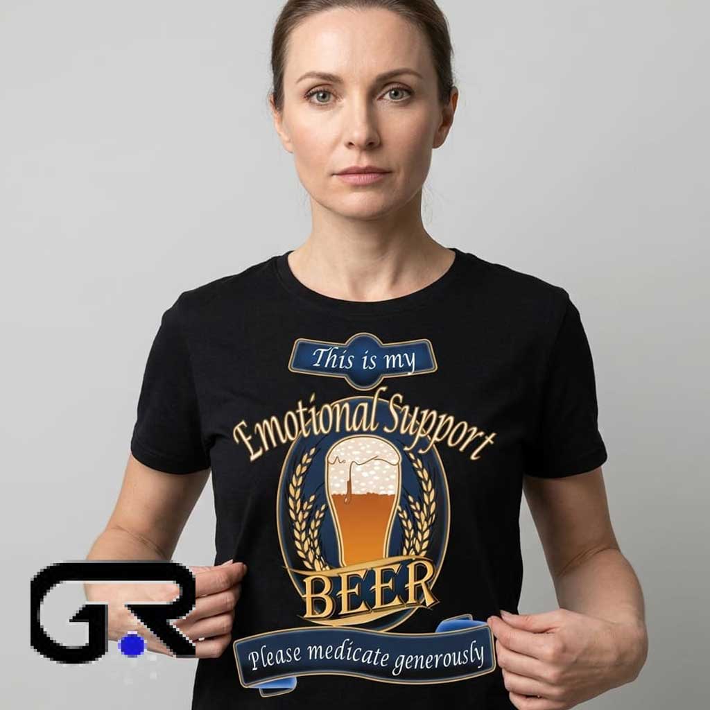 Emotional Support Beer Medicate Generously T-Shirt 1 Emotional Support Beer Medicate Generously T-Shirt with funny beverage-inspired text, humorous statement design, cotton short sleeve style, and casual streetwear appeal.