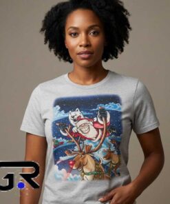 Eskimo Joes Christmas Santa Wild Reindeer Shirt featuring festive Santa and reindeer artwork, cotton short sleeve tee, holiday fashion, and cheerful Christmas style.