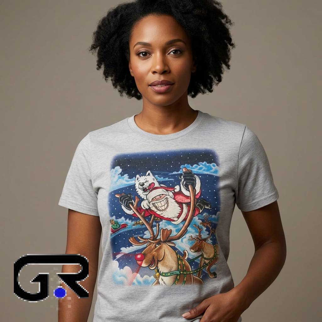 Eskimo Joes Christmas Santa's Wild Reindeer Shirt 1 Eskimo Joes Christmas Santa Wild Reindeer Shirt featuring festive Santa and reindeer artwork, cotton short sleeve tee, holiday fashion, and cheerful Christmas style.