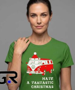 Have a Vantastic Christmas VW Van tee, black cotton short sleeve shirt with retro camper holiday design, fun pun graphic shirt for van life fans, sizes S to 2XL.