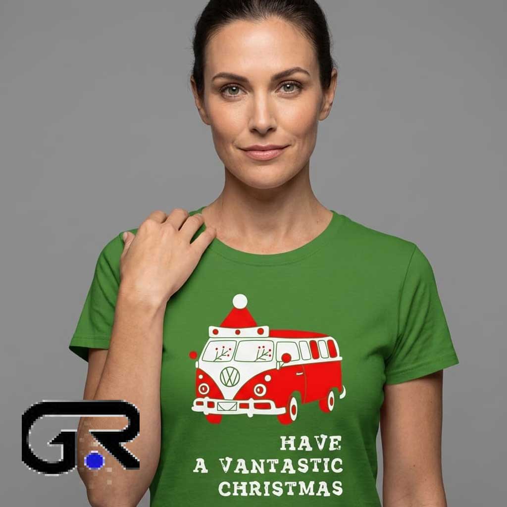 Have a Vantastic Christmas VW Van Holiday Shirt 1 Have a Vantastic Christmas VW Van tee, black cotton short sleeve shirt with retro camper holiday design, fun pun graphic shirt for van life fans, sizes S to 2XL.