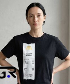 McDonald's J Balvin Meal Receipt Menu Item shirt, cotton short sleeve tee with bold streetwear collab design, fun fast food music shirt for fans, sizes S to 2XL.