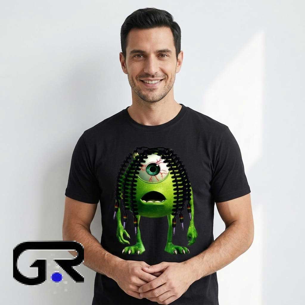 Mike Wazowski with Dreadlocks Monsters Shirt 1 Mike Wazowski with Dreadlocks Monsters graphic tee, cotton short sleeve shirt with fun cartoon mashup design, creative animated character shirt for fans, sizes S to 2XL.