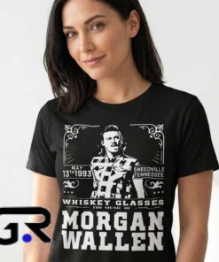 Morgan Wallen Whiskey Glasses graphic tee, black cotton short sleeve shirt with retro country music design, casual honky-tonk style shirt for fans, sizes S to 2XL.