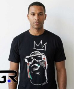 Notorious B.I.G. Crown Rocksmith Biggie Smalls graphic tee, cotton short sleeve shirt with iconic hip hop tribute design, rap legend shirt for fans, sizes S to 2XL.
