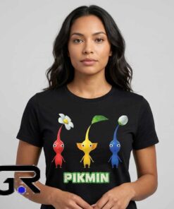 Official Pikmin Trio Red, Yellow, Blue graphic tee, cotton short sleeve shirt with colorful video game character design, cute gaming shirt for fans, sizes S to 2XL.