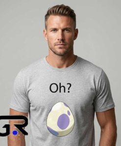 Oh Pokémon Egg Hatching Grey graphic tee, cotton short sleeve shirt with cute gaming character design, nostalgic video game shirt for fans, sizes S to 2XL.