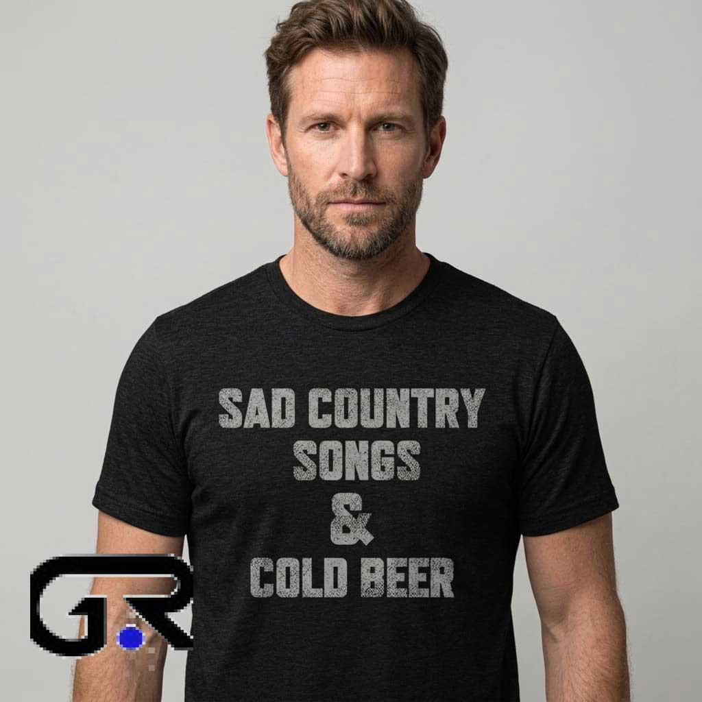 Sad Country Songs & Cold Beer Slogan Black T-Shirt 1 Sad Country Songs & Cold Beer slogan black T-shirt with country music graphic design, humorous beer saying, Southern style, and casual Western-inspired fashion.