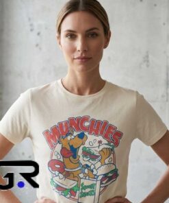 Scooby-Doo Munchies Graphic Cream T-Shirt, cotton short sleeve tee with vintage cartoon snack design, nostalgic animated shirt for fans, sizes S to 2XL.