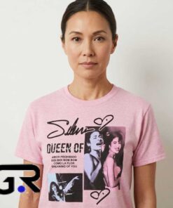 Selena Queen of Tejano pink portrait shirt featuring a vibrant music-inspired graphic, Latin pop culture aesthetic, and retro cotton tee style for fans of Tejano music.