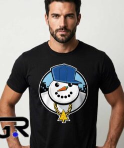 Cool Hip Hop Snowman graphic tee, black cotton short sleeve shirt with fun streetwear winter design, urban holiday style shirt for fans, sizes S to 2XL.