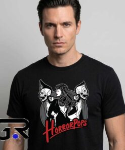 Horrorpops Halloween Band Punk Rock Badge shirt, black cotton short sleeve tee with rockabilly music graphic, edgy band-style shirt for punk fans, sizes S to 2XL.