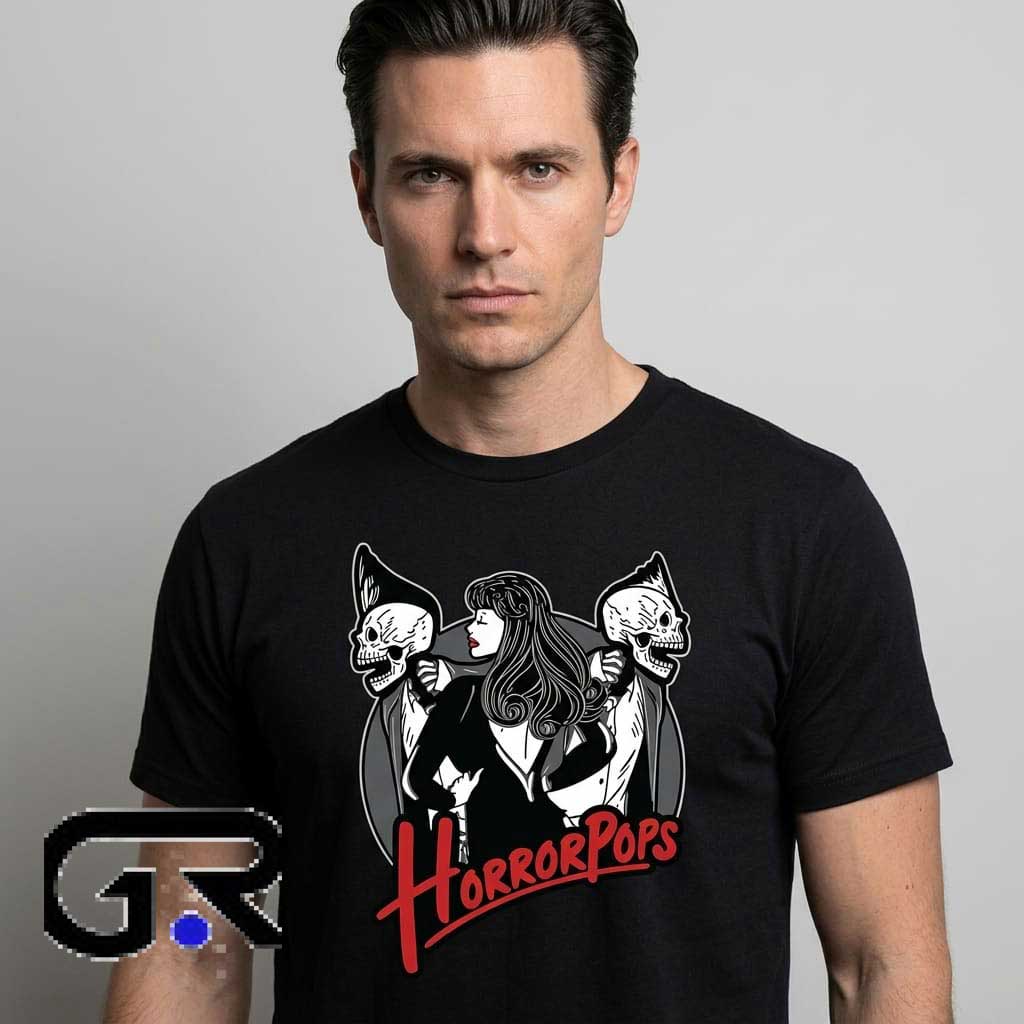 horrorpops halloween band Punk Rock Badge Shirt 1 Horrorpops Halloween Band Punk Rock Badge shirt, black cotton short sleeve tee with rockabilly music graphic, edgy band-style shirt for punk fans, sizes S to 2XL.