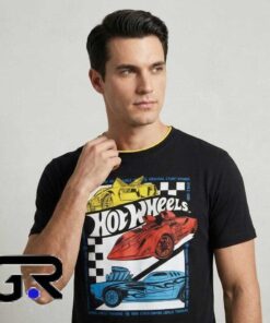 Hot Wheels Est 1968 Stunt Brand graphic tee, black cotton short sleeve shirt with vintage racing design, classic toy car style shirt for fans, sizes S to 2XL.