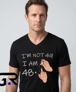 Im 48 Plus 1 49 Years Old graphic tee, black cotton short sleeve shirt with funny birthday math joke design, novelty age humor shirt for fans, sizes S to 2XL.