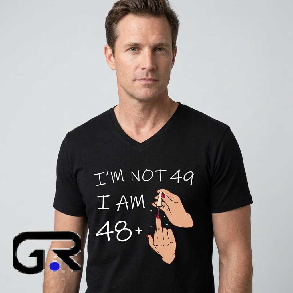 im 48 plus 1 49 years old tee Fingernail Shirt 1 Im 48 Plus 1 49 Years Old graphic tee, black cotton short sleeve shirt with funny birthday math joke design, novelty age humor shirt for fans, sizes S to 2XL.