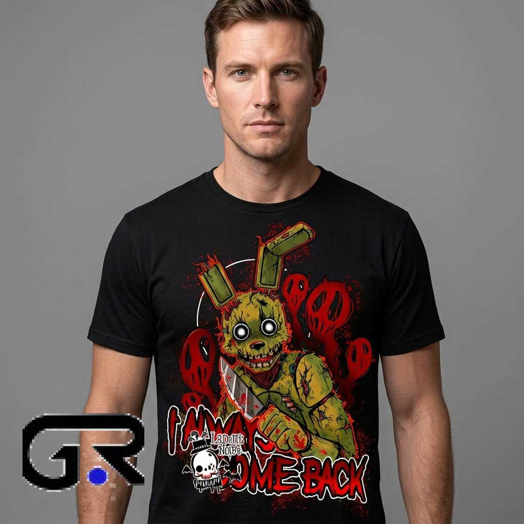 im still here springtrap I Always Come Back" Horror Shirt 1 Retro 90s Vaporwave Windows Meme graphic tee, black cotton short sleeve shirt with nostalgic internet design, retro tech meme style shirt for fans, sizes S to 2XL.