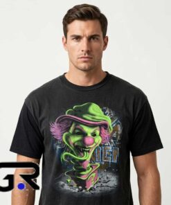 Insane Clown Posse Riddle Box Neon Green Clown Merch shirt, black cotton short sleeve tee with horrorcore graphic design, bold juggalo band shirt for fans, sizes S to 2XL.
