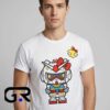 Hello Kitty Gundam RX-78-2 Mecha tee, black cotton short sleeve shirt with kawaii robot mashup design, fun anime crossover shirt for fans, sizes S to 2XL