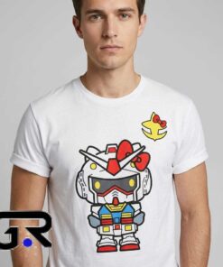 Hello Kitty Gundam RX-78-2 Mecha tee, black cotton short sleeve shirt with kawaii robot mashup design, fun anime crossover shirt for fans, sizes S to 2XL