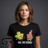 Spongebob No Im Texas Patrick Star Confused graphic tee, black cotton short sleeve shirt with funny cartoon meme design, nostalgic humor shirt for fans, sizes S to 2XL.