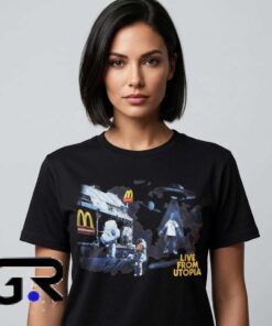 Travis Scott x McDonald's Live From Utopia Astronaut shirt, cotton short sleeve tee with bold streetwear collab design, statement shirt for music fans, sizes S to 2XL.